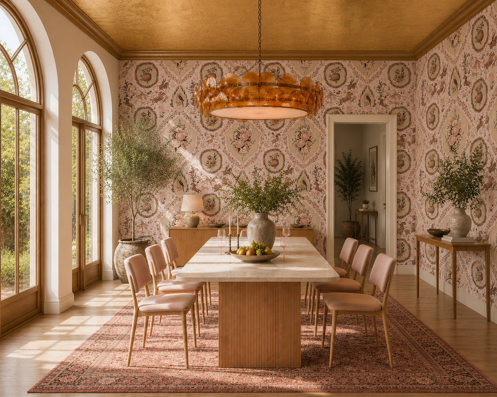 Luxury dining room by Modiarty Design featuring Chovgan Pearl wallpaper, a gold ceiling and contemporary classic interiors. The Chovgan Pearl wallpaper is Modiarty Design collection, complemented by blush dining chairs and warm natural light.