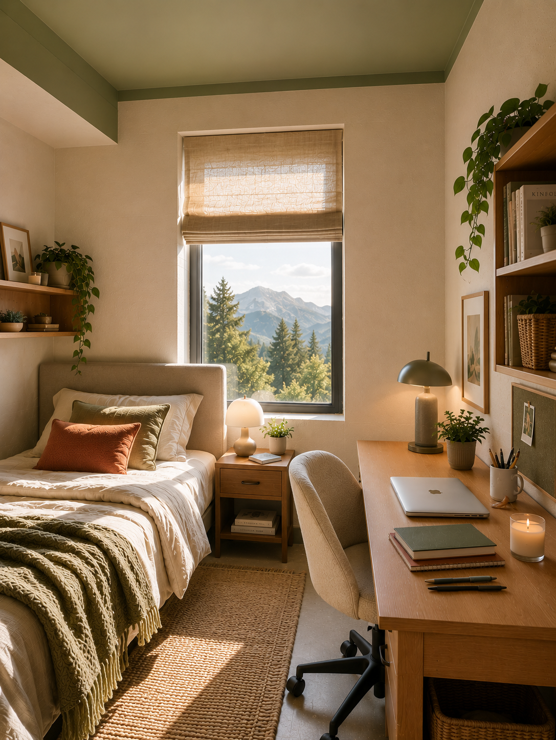 A warm and cosy single student accommodation room, with bed, bedside table, desk and chair. Added textures such as window blind, throws, cushions and rug to soften the room. Added multiple lightings to create ambiance in the room.