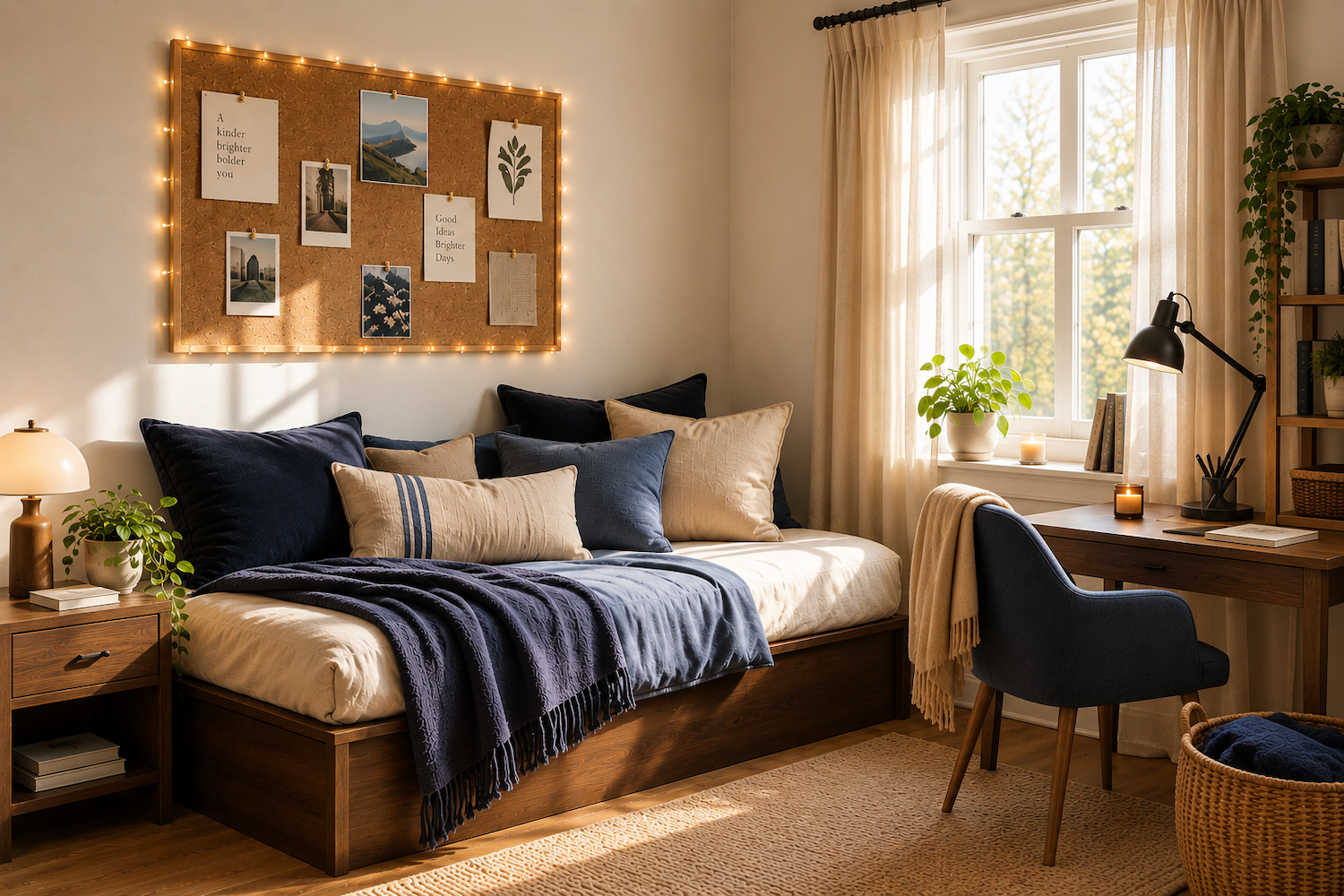 cosy single student accommodation room, with multifunctional bed as a sofa. The room colour pallet is beige and blue and natural material like wooden bed and jute rug create a welcome vibe, with a personalised pinboard with fairy light.