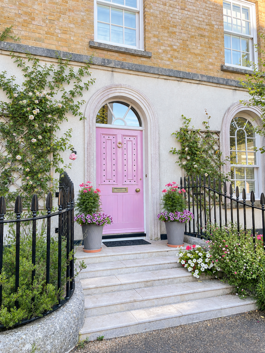 A charming pastel pink front door framed by a stone archway, with symmetrical flower pots, climbing ivy, white flowers and black wrought-iron railings leading up the stone steps