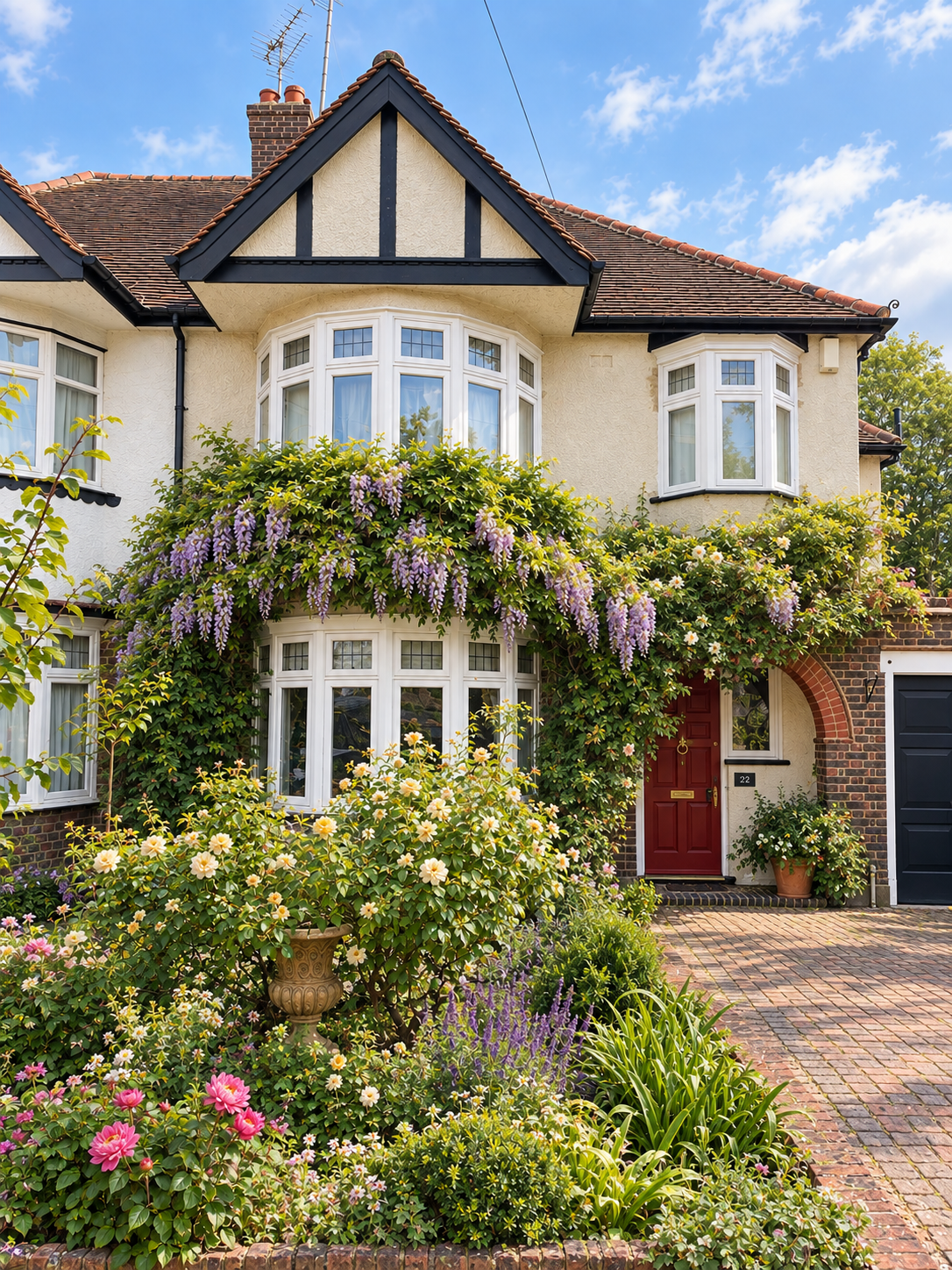 A charming cream and brick house with purple wisteria cascading over white bay windows, surrounded by a lush cottage garden of roses, colourful flowers and greenery under a bright blue sky